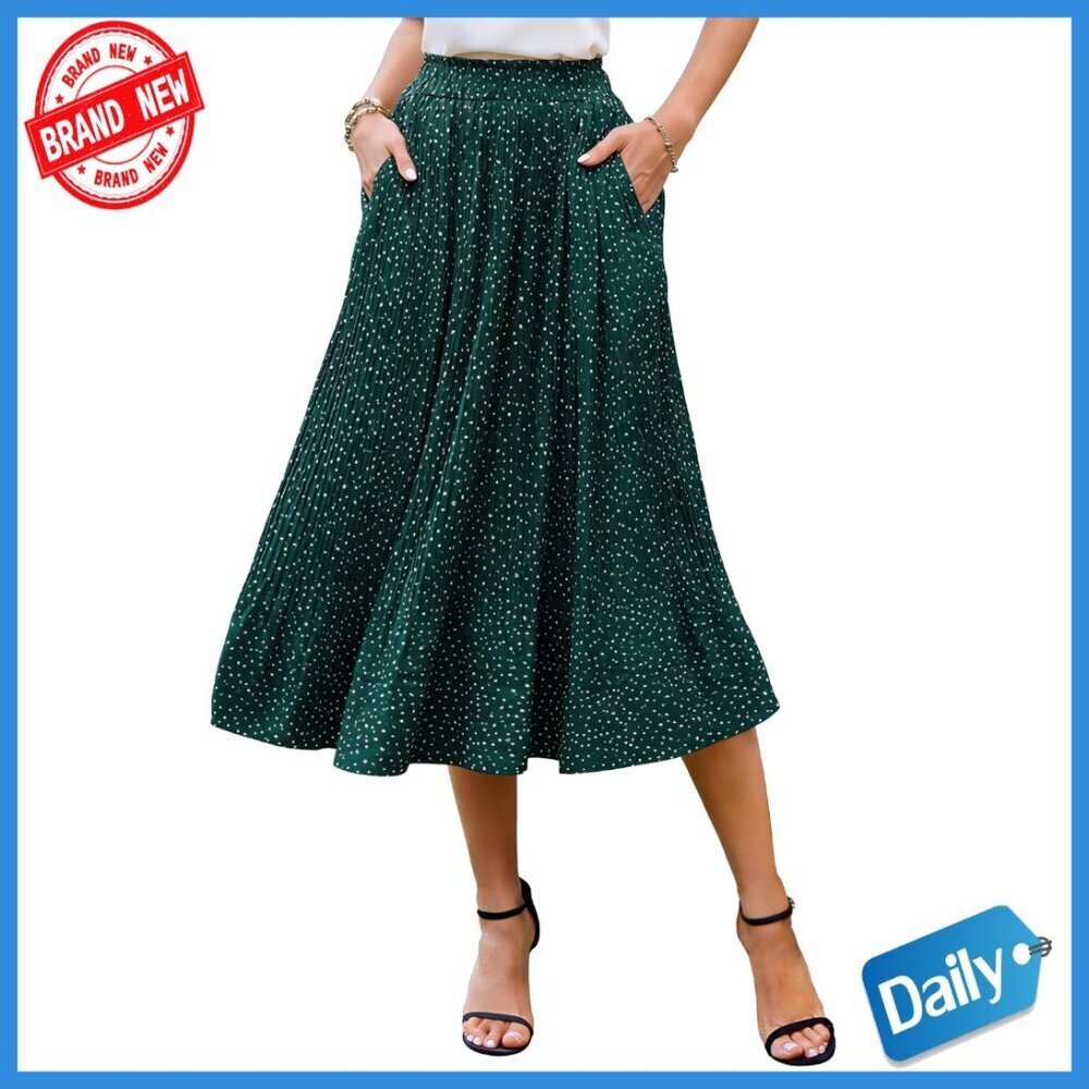 Midi Skirt with Pockets, Flowy A-Line, Elastic Waist, Summer Casual